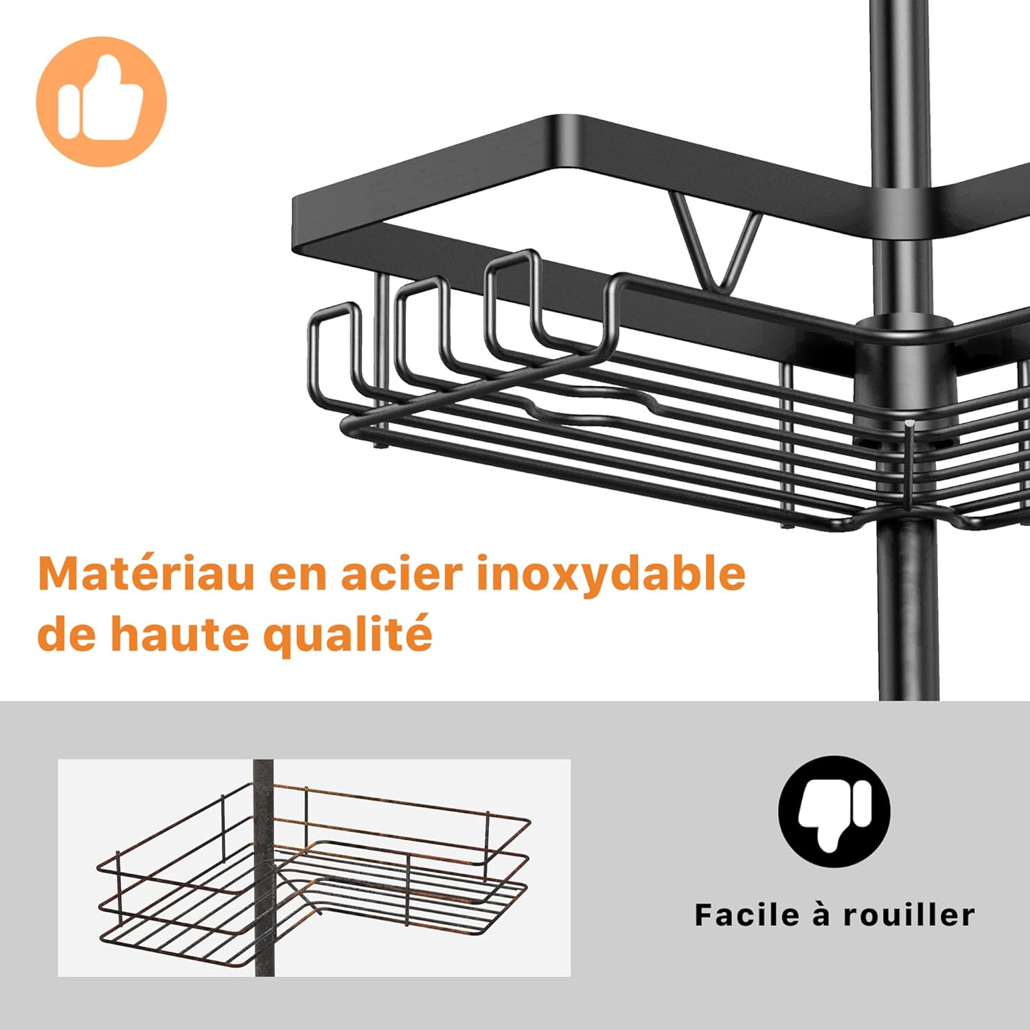 Kegii - étagère douche télescopique, 4 paniers réglables, noir