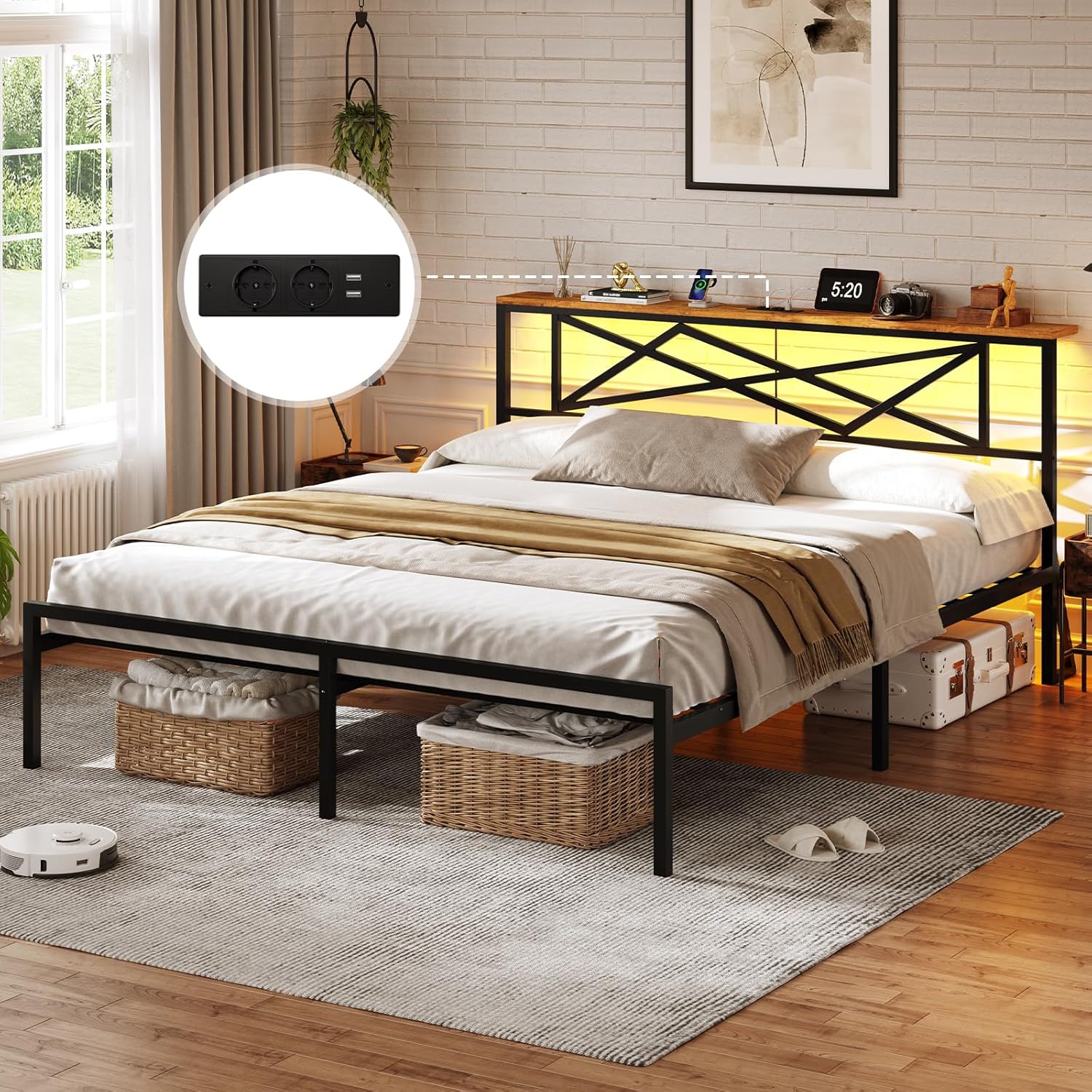 DICTAC – Lit double LED 160x200, métal, ports USB, rangement, LitLED160x200