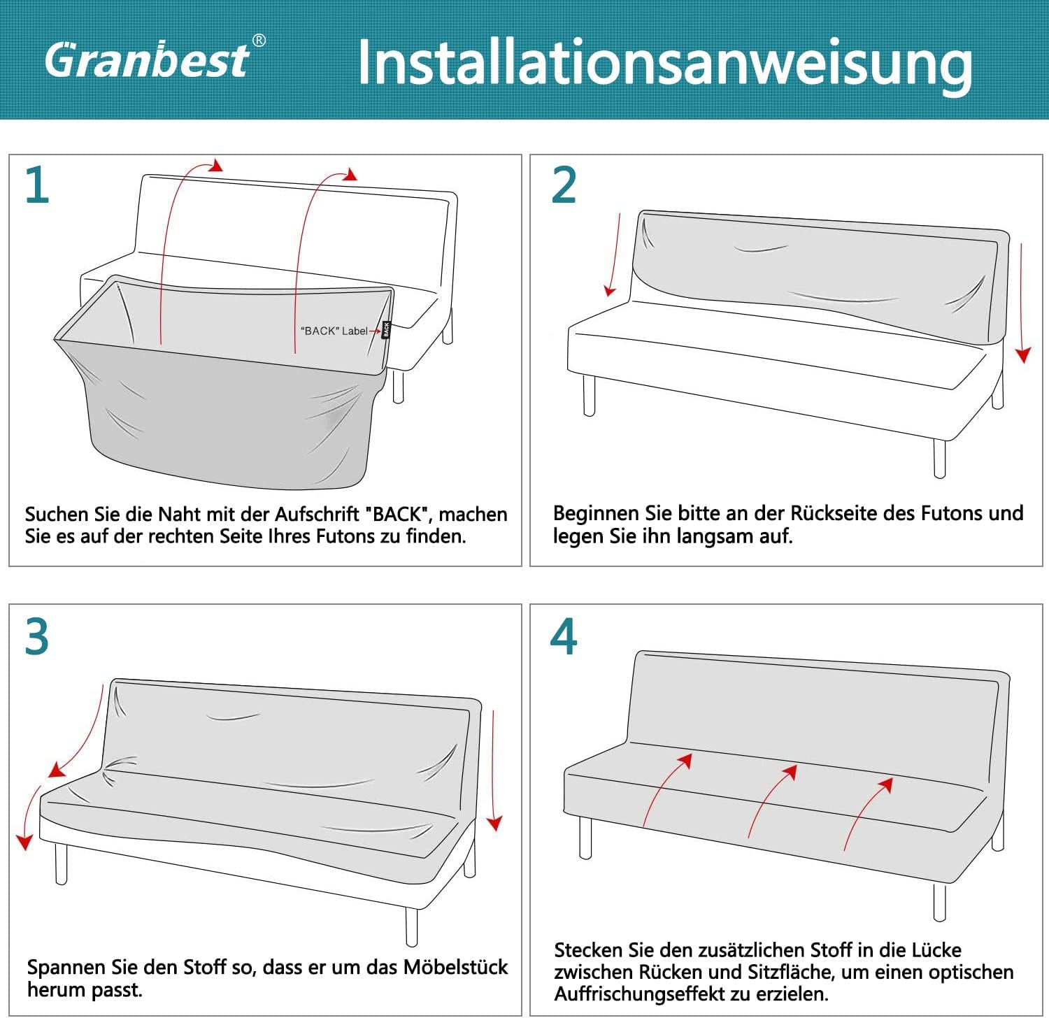 Granbest - housse futon haute stretch - 185-210cm - imperméable et antidérapante, sans accoudoirs