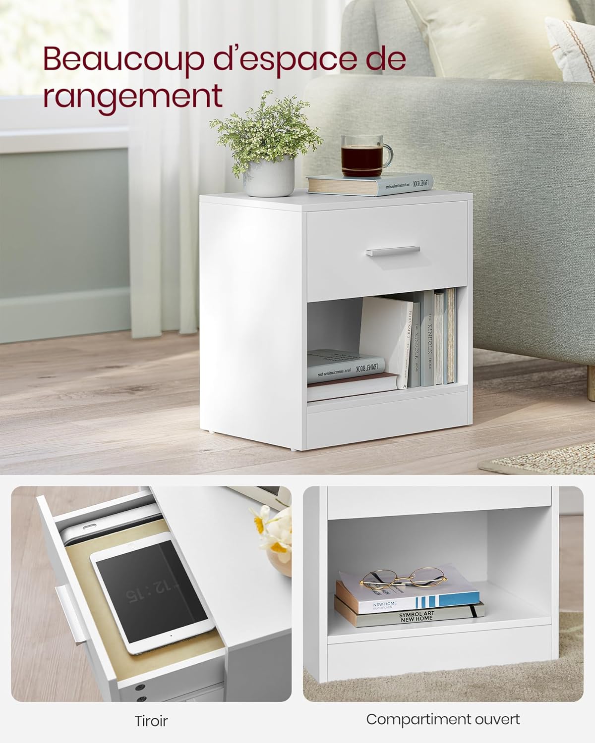 VASAGLE - Table de nuit lot de 2, 45x35x52cm, tiroir, compartiment ouvert, blanc classique, LET819T14