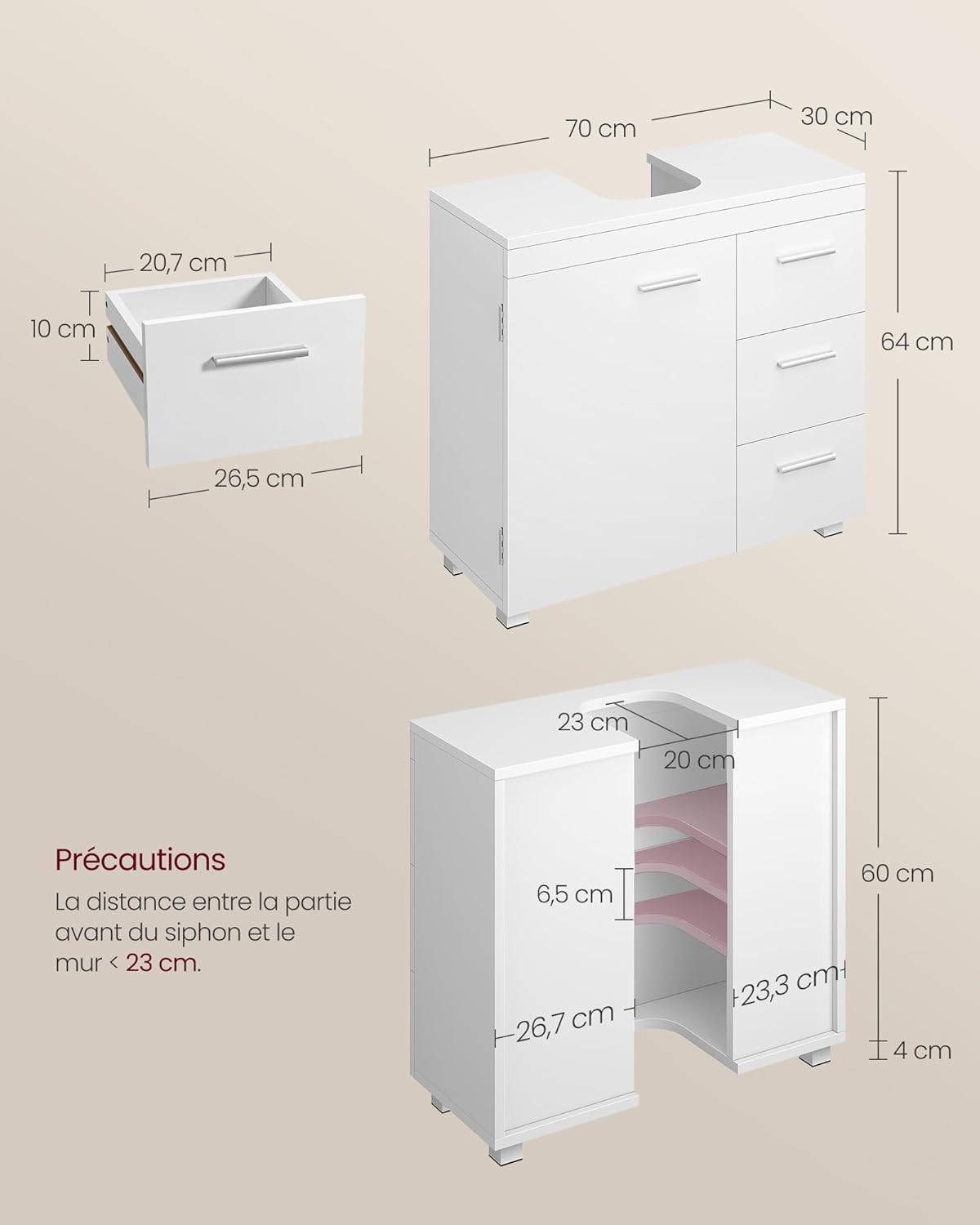VASAGLE - meuble sous lavabo 70x30x64 cm, 3 tiroirs, blanc, BBK504W01
