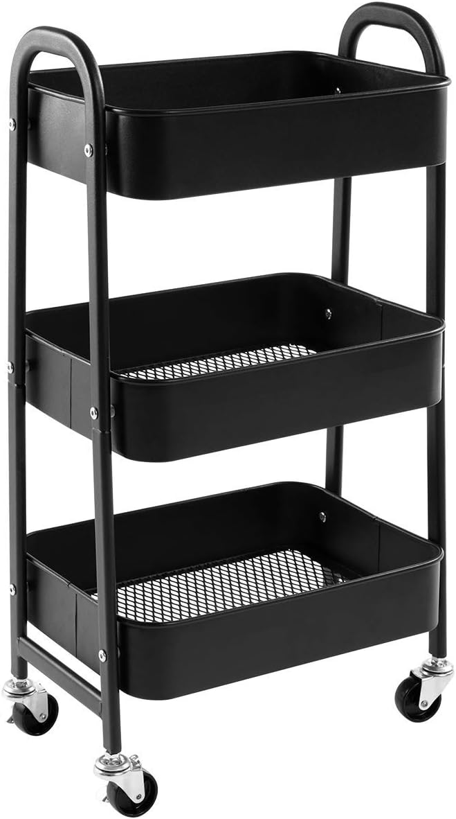 DOEWORKS - Chariot de rangement 3 niveaux métal, roulettes, noir