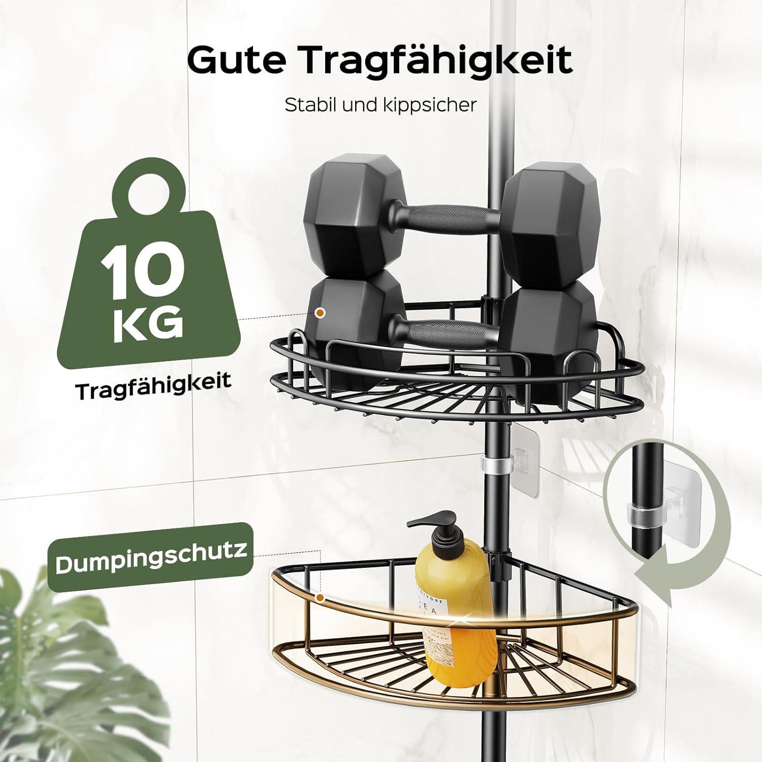 HAMITOR - étagère de douche d'angle télescopique - 121-314cm - 4 niveaux métal, sans perçage, noir