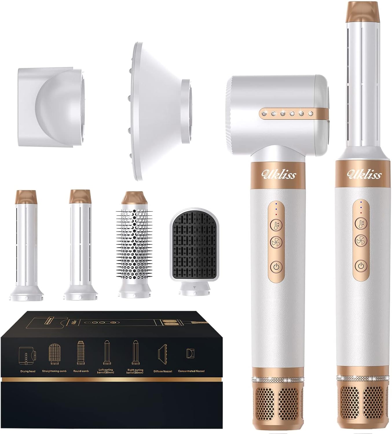 UKLISS - Sèche-cheveux 7 en 1 - 110000 tr/min, multifonction, blanc
