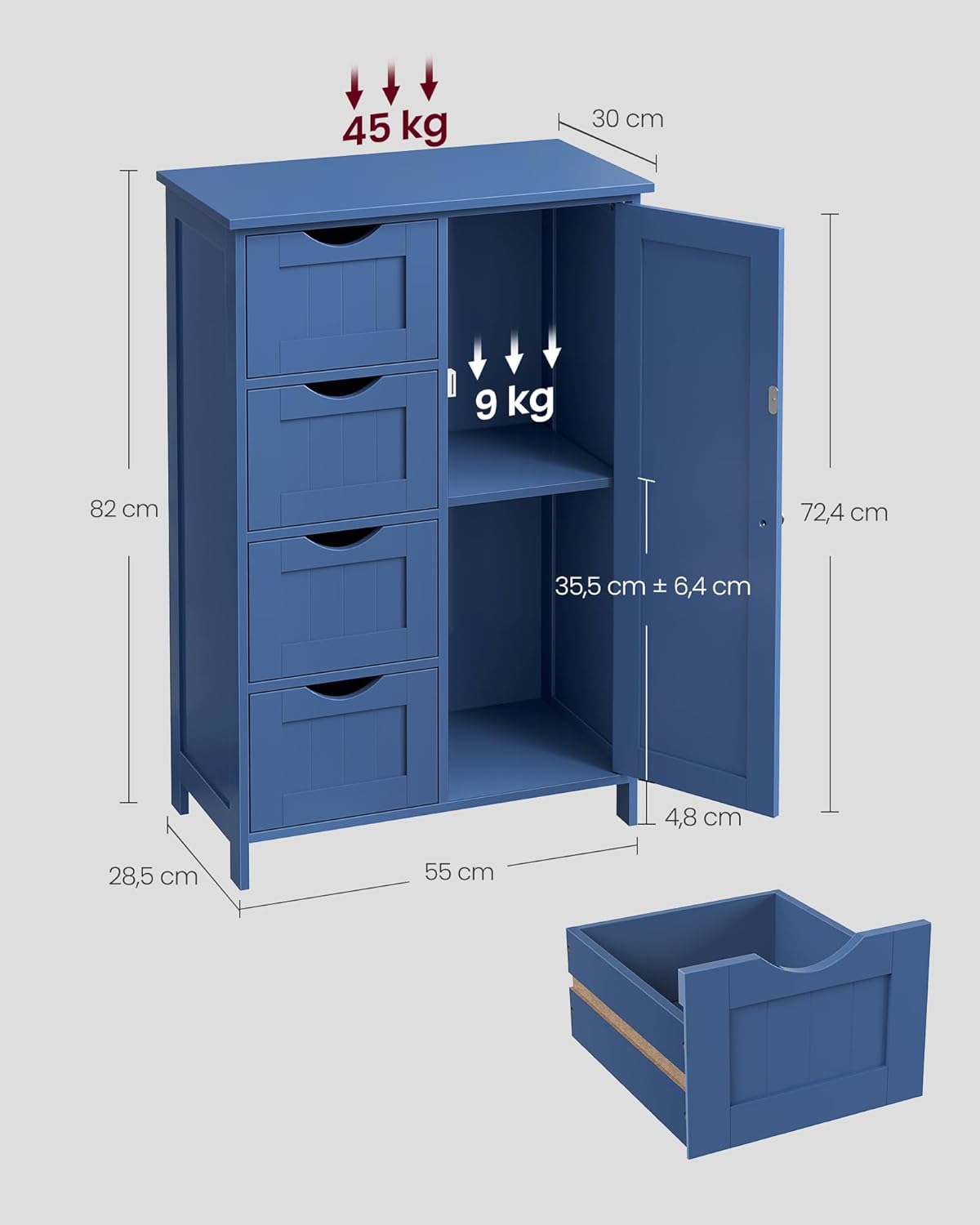 VASAGLE - meuble salle de bain étroite, 30x55x82 cm, 4 tiroirs, étagère réglable, LHC041QE02