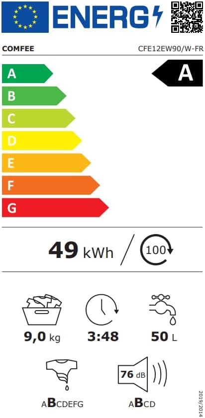 Comfee - lave-linge frontal 9kg, classe A, 1400trs, 15 programmes, CFE12EW90/W