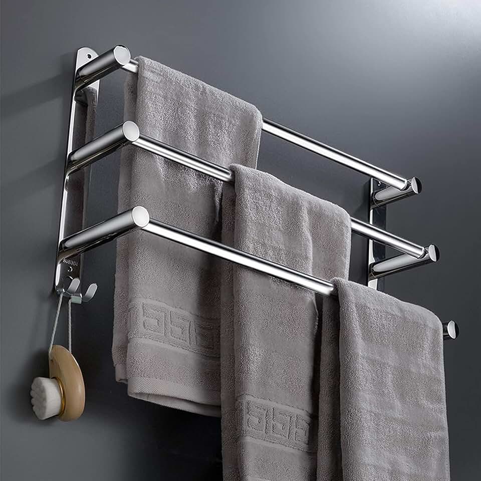 Porte-serviettes mural rétractable 3 niveaux, acier inox, argent, sans perçage