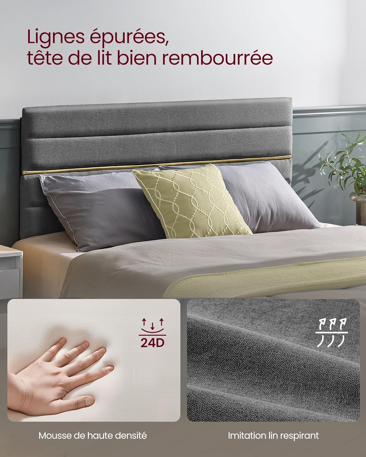 VASAGLE - lit double moderne - 140x200 cm - tête rembourrée réglable, métal et bois gris ardoise RMB504G01