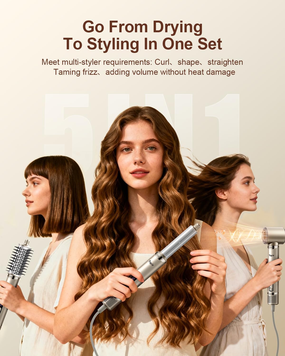Brosse sèche-cheveux 5 en 1 - multi-styler, séchage rapide, enroulement auto, rangement, sans dommage