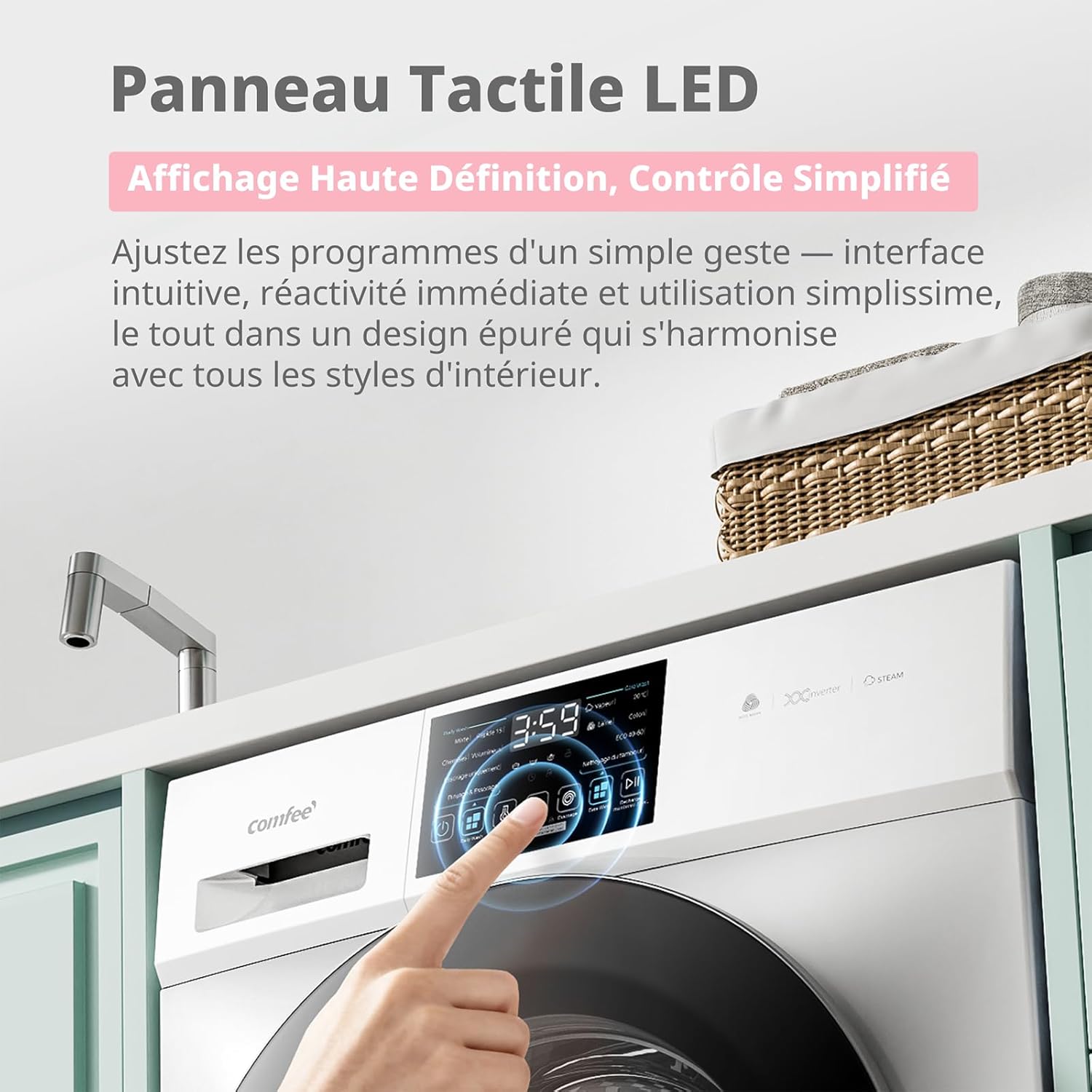 COMFEE' - lave-linge 10kg, classe A, vapeur, moteur BLDC, CFP03EW100W-FR