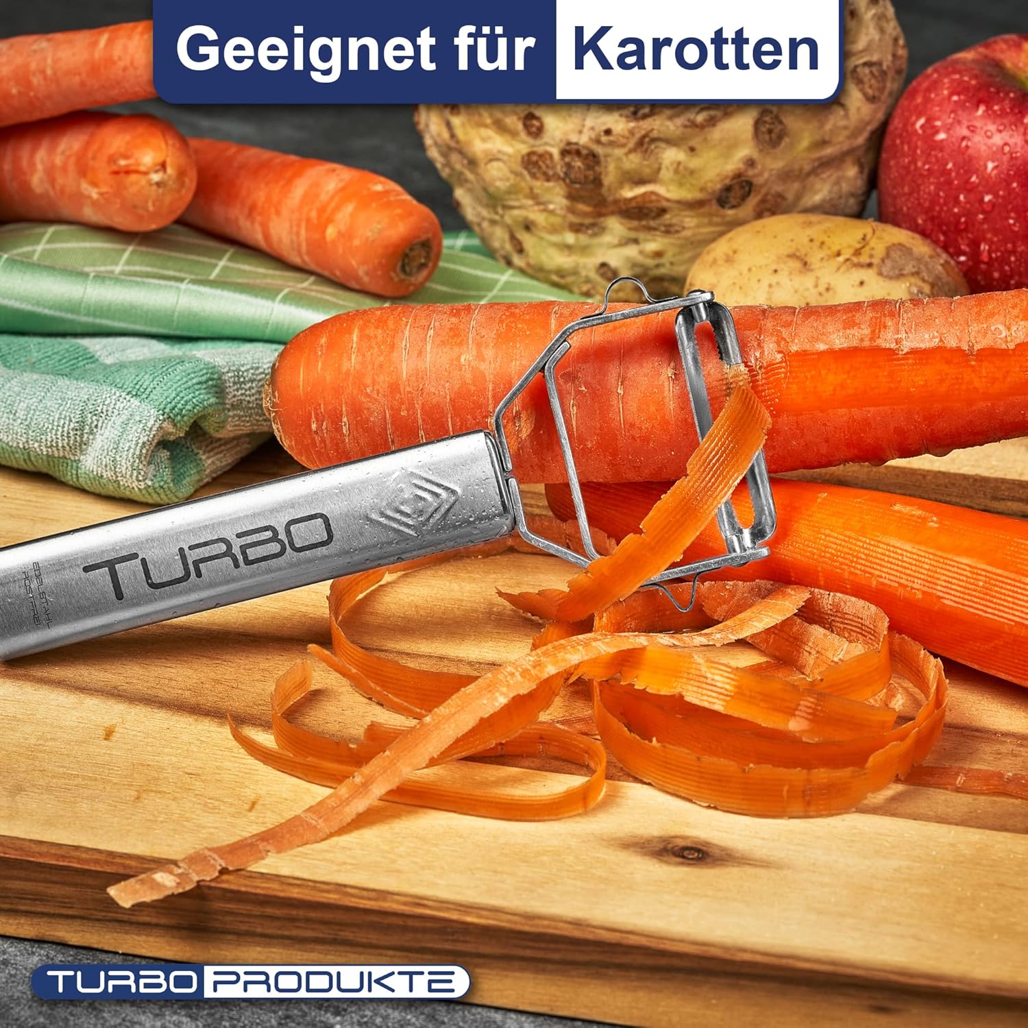 Turbo Produkte - Éplucheur inox 3en1 - ambidextre, lame pendulaire
