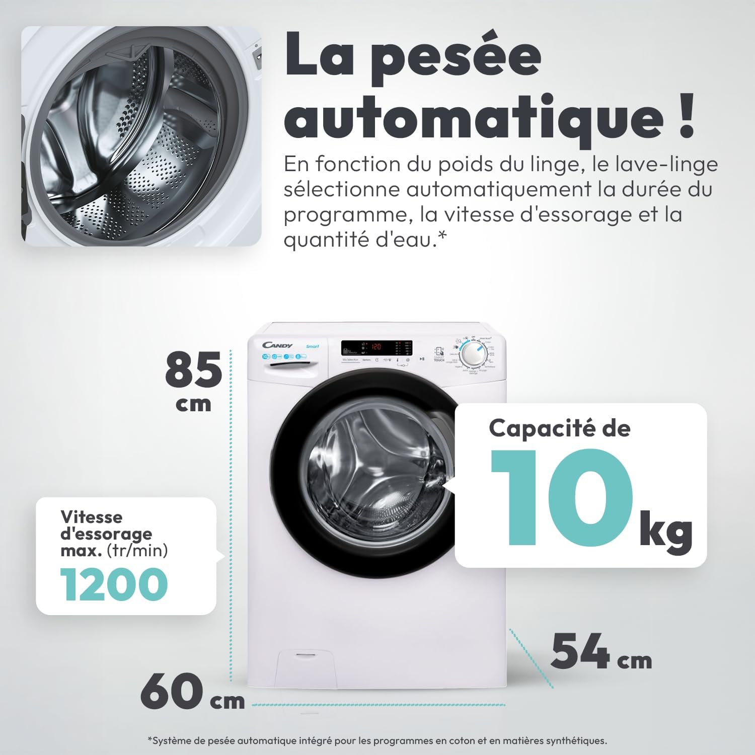 Candy - Série CS - 10kg, 1200trs/min, NFC, écran digital