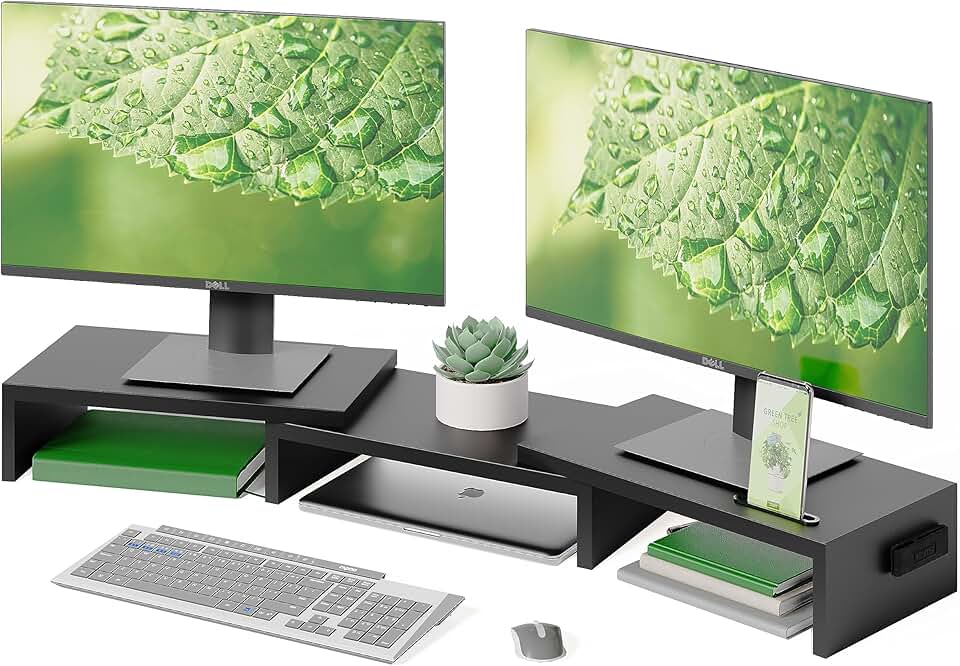 BONTEC - Support Moniteur Double - réglable bois noir - longueur et angle ajustables