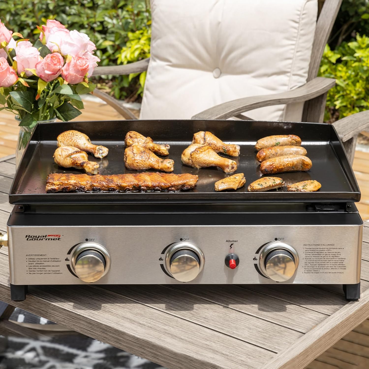 Royal Gourmet - Plancha gaz 3 brûleurs - 62x35,5 cm - 7,5kW, portable