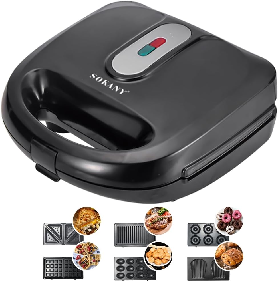 Sokany - Appareil multifonction 6-en-1 - plaques antiadhésives, 750W, cuisson double face, contrôle auto temp