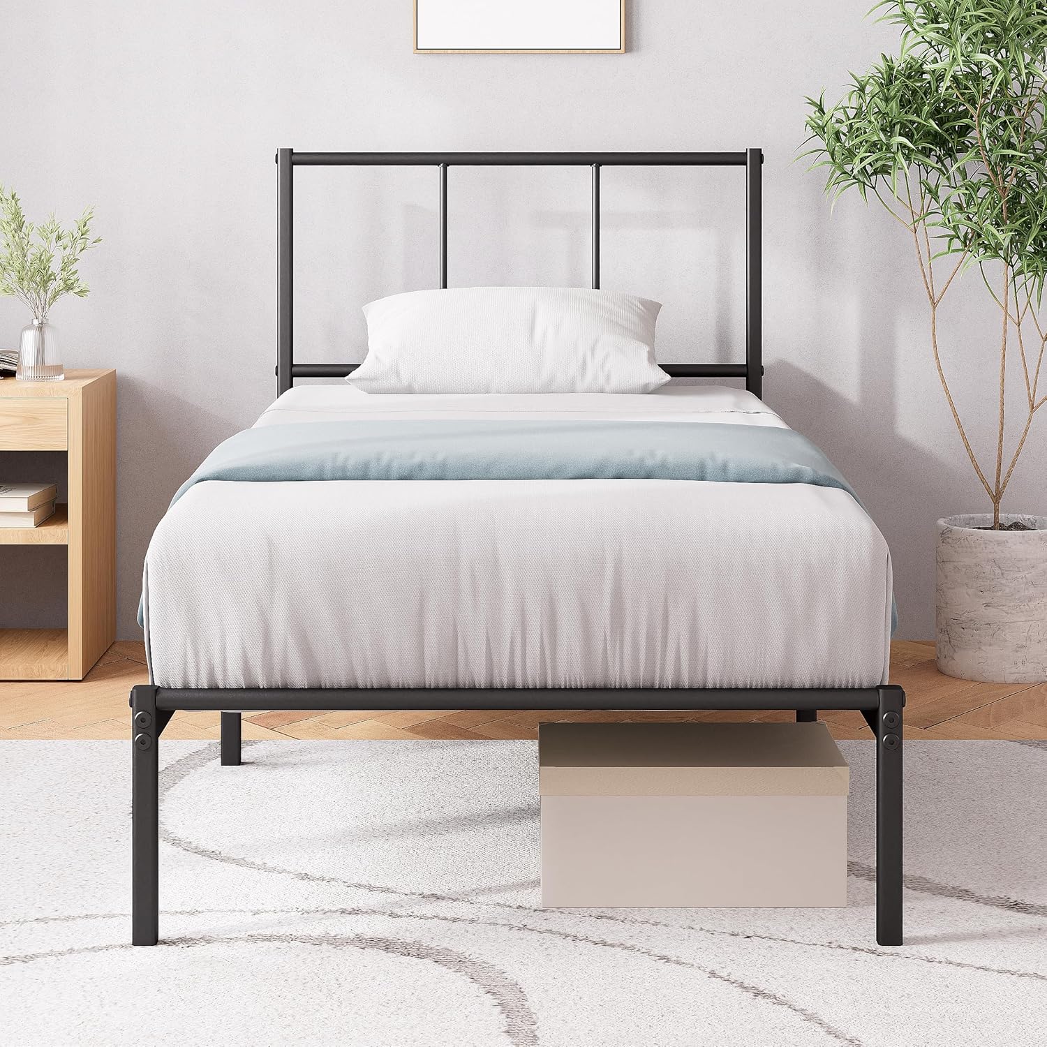 Zinus - Justin - 90x190 cm - cadre métal noir, tête de lit, rangement