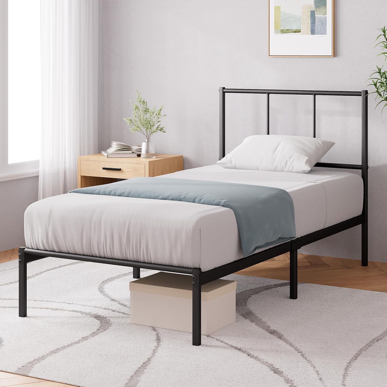 Zinus - Justin - 90x190 cm - cadre métal noir, tête de lit, rangement