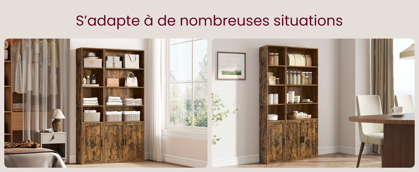 Images séquentielles d'un système de rangement mural en bois passant de la position fermée à la position ouverte, illustrant des options de configuration flexibles