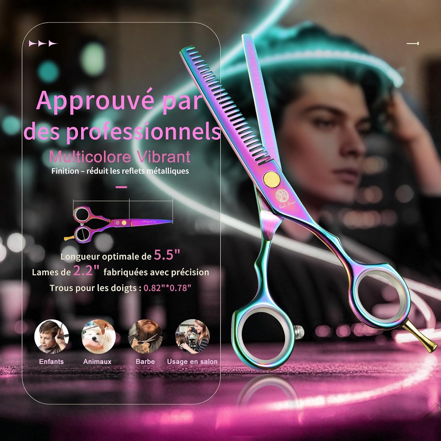 Kit de ciseaux de coiffure - 5,5 pouces - inox rose, peigne, effileur
