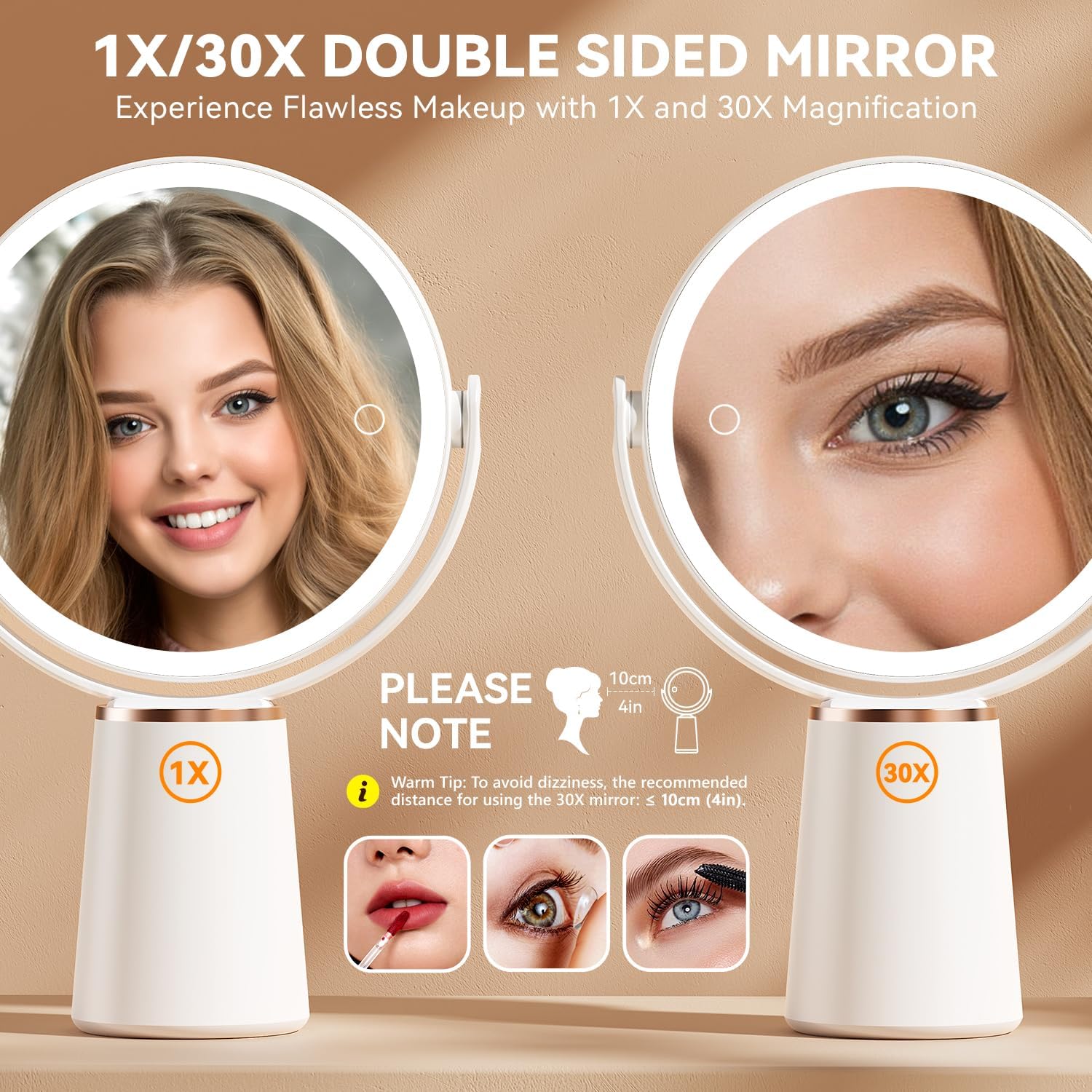Auxmir - miroir lumineux double face - 30X/10X - 64 LED, 3 couleurs, 2000mAh, rotation 360°