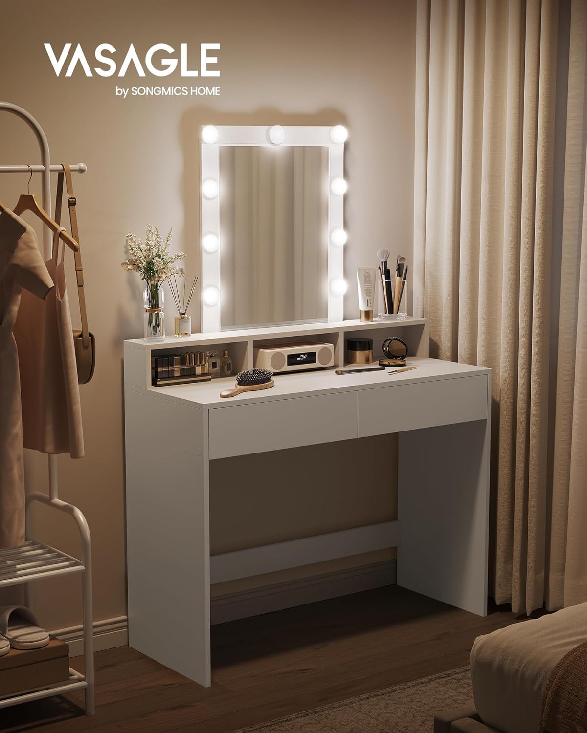 VASAGLE - KAILYN Collection - 100x40x145 cm - coiffeuse LED, 2 tiroirs, blanc RDT164W01