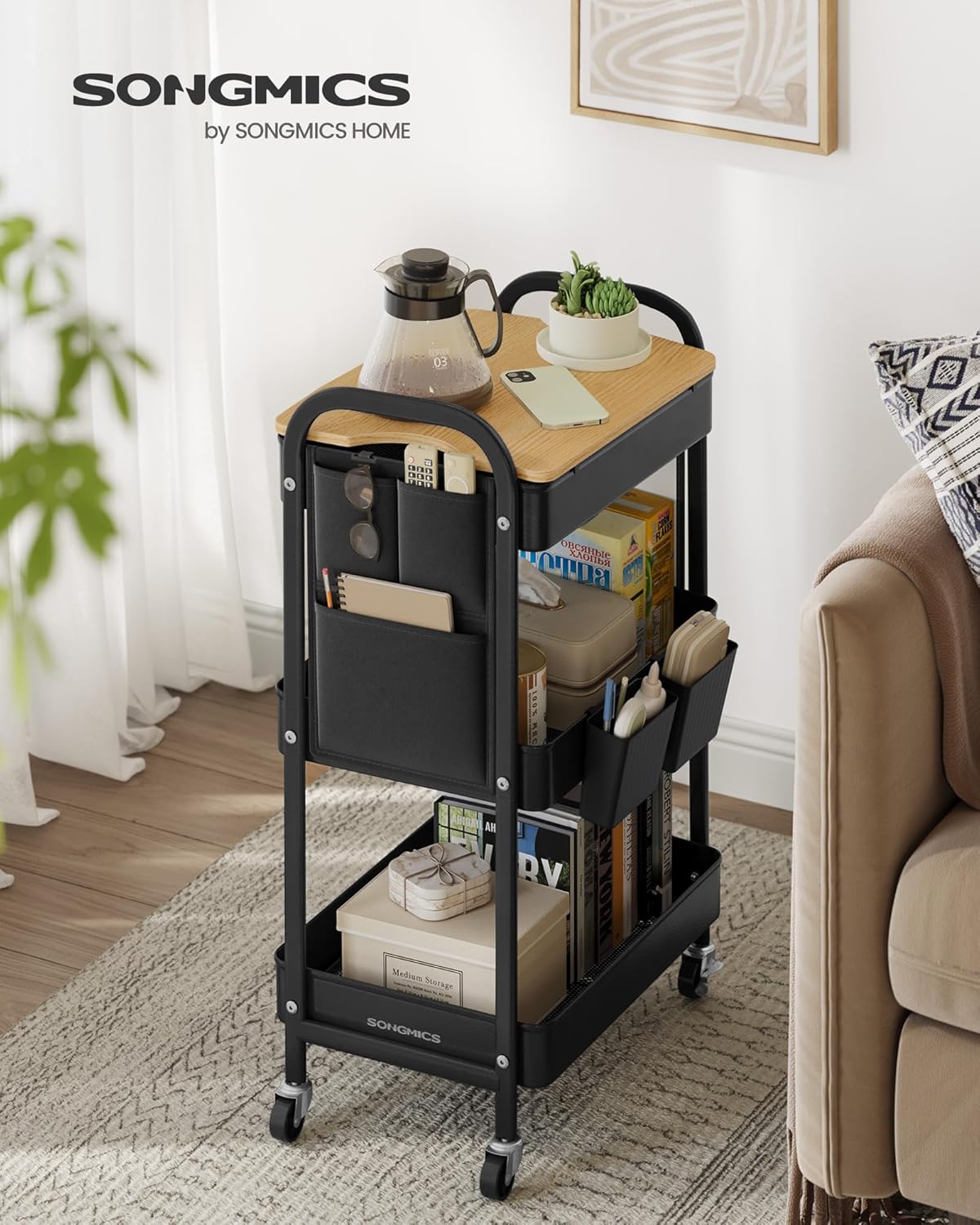 SONGMICS - chariot 3 niveaux avec table, pots et poches, noir - LRC036B01
