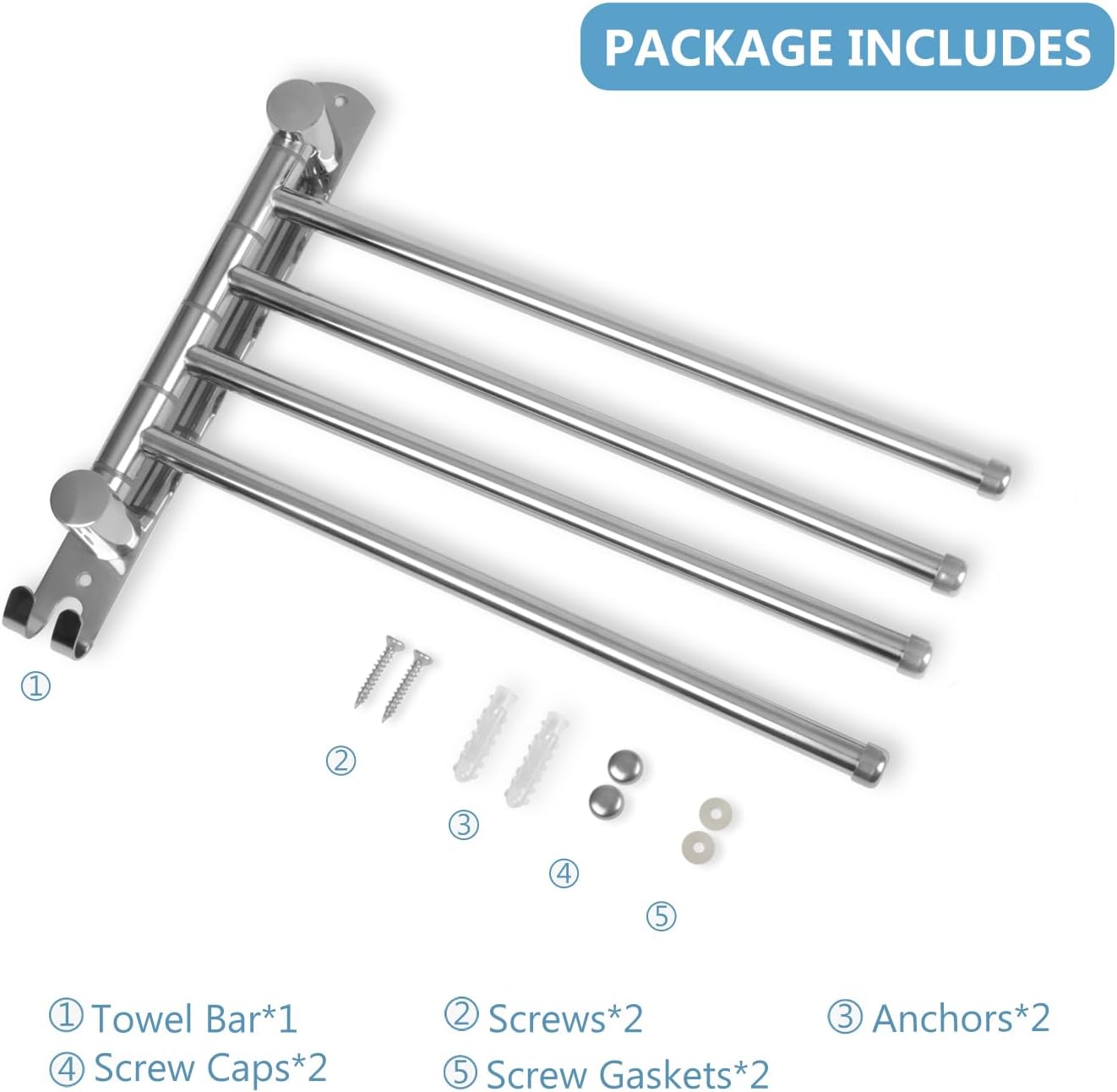 JSVER - porte-serviettes mural série pivotante - 40cm - inox, 4 barres rotatives, gain de place
