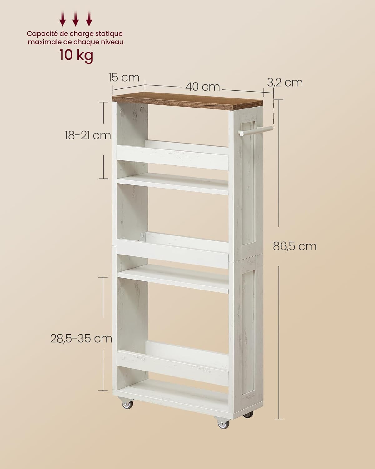 VASAGLE - chariot de rangement 4 niveaux - 15x43,2x86,5 cm - roulettes, poignée, blanc rustique et marron miel, LRC050K0
