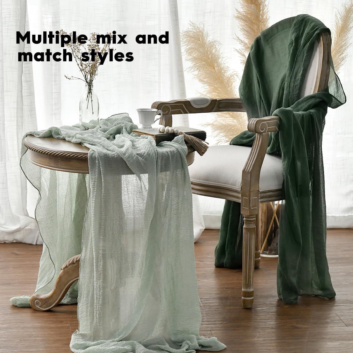 Artoid Mode - chemins de table bohème - 300 cm - gaze mousseline vert forêt, décoration mariage anniversaire