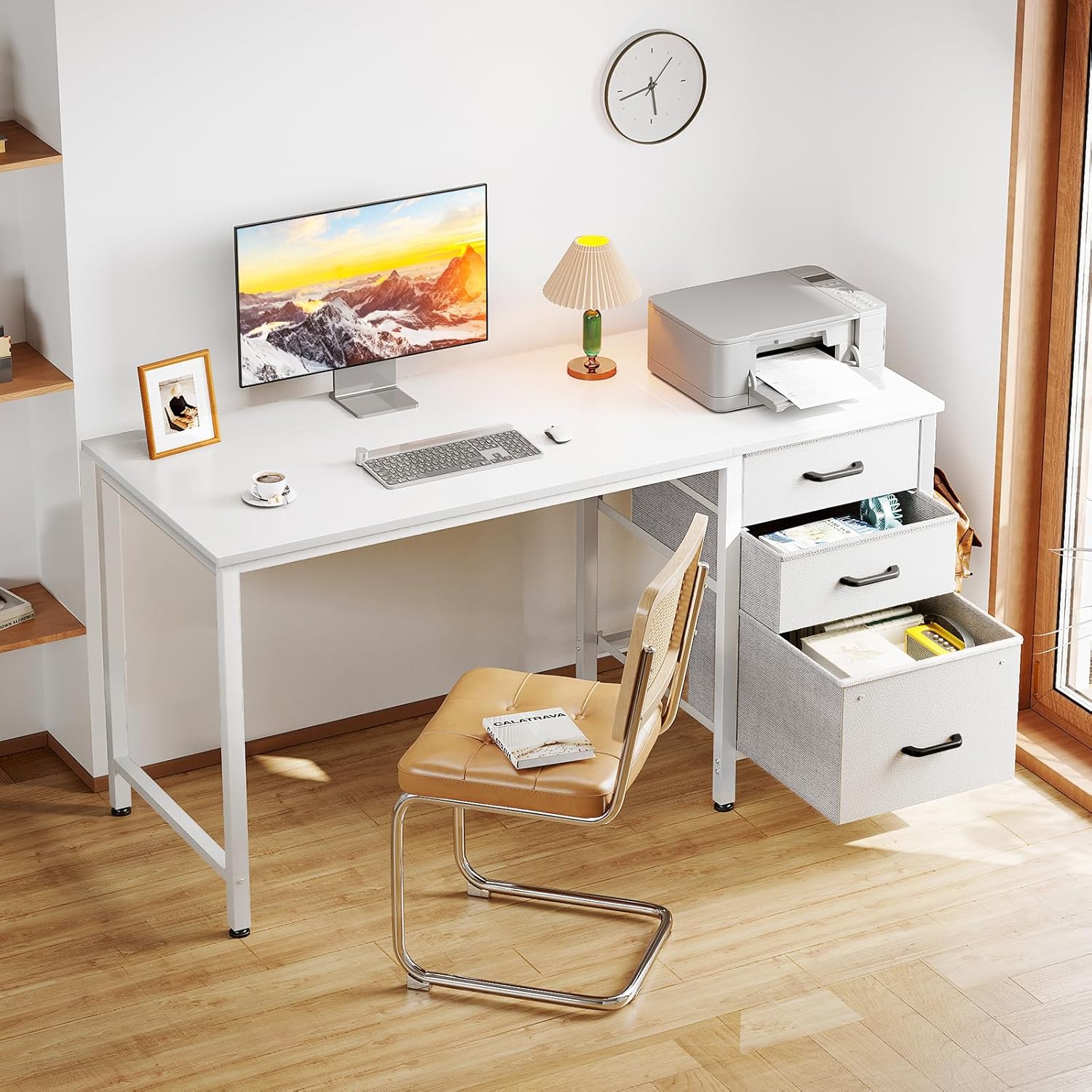 Coleshome - bureau 3 tiroirs tissu, 120x48cm, porte-casque, blanc