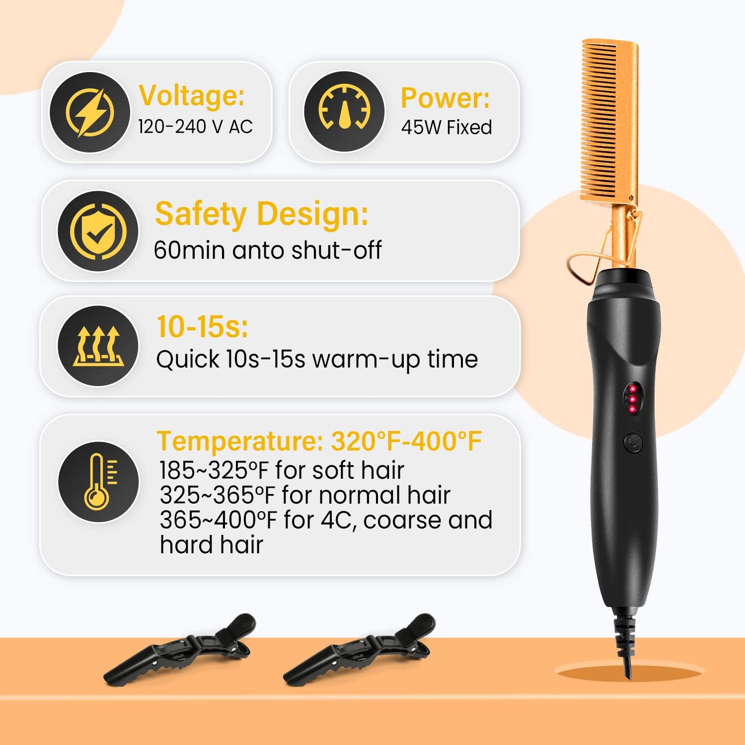 Peigne chauffant électrique - fer à lisser cheveux afro - professionnel - réglage température