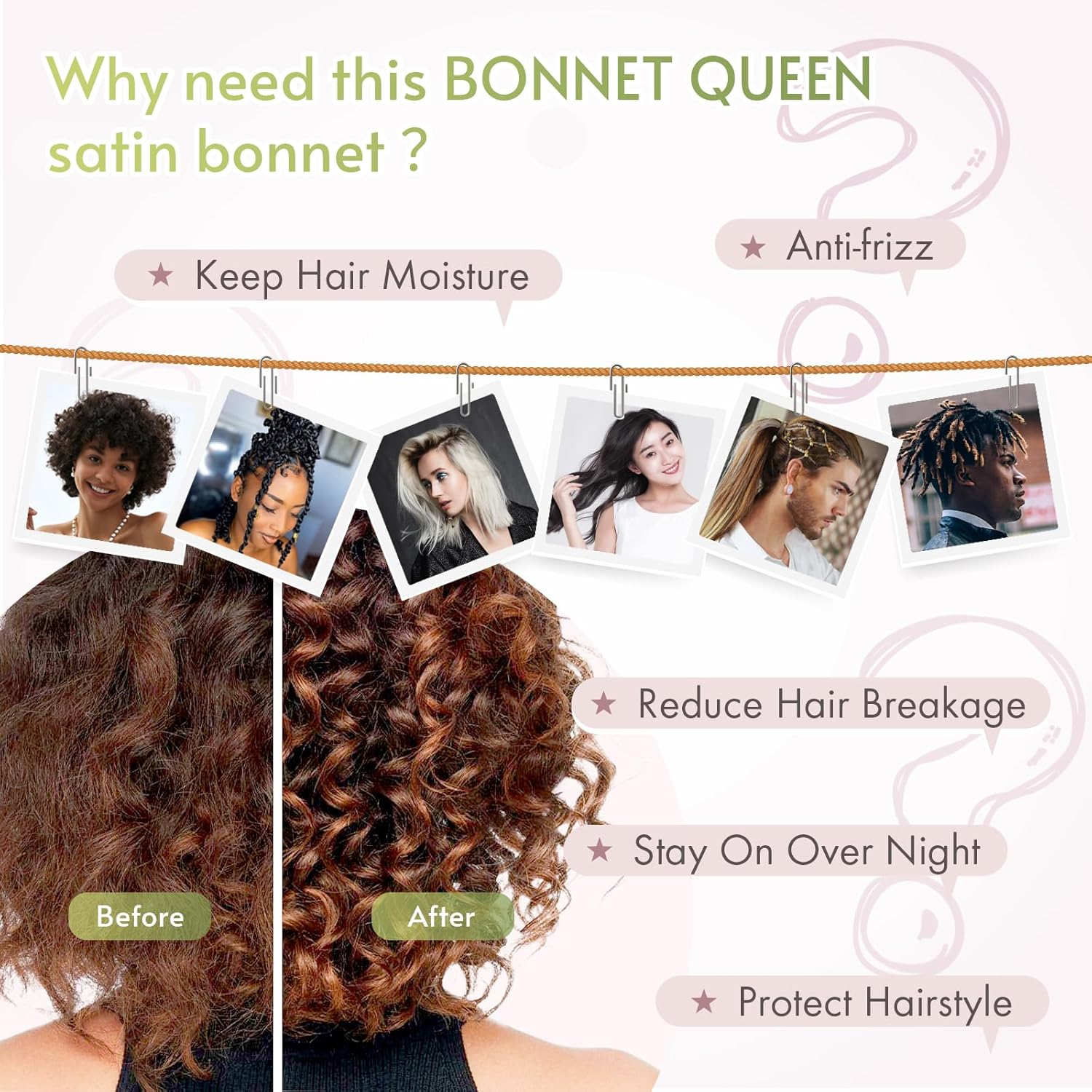 BONNET QUEEN - bonnet satin nuit femmes hommes moyen - ajustable, élastique, cheveux bouclés, or rose gris