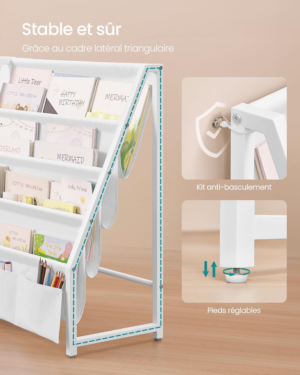 SONGMICS - meuble bibliothèque enfant - 75 cm - rangement jouets, étagères, pochette latérale - GKR024W01