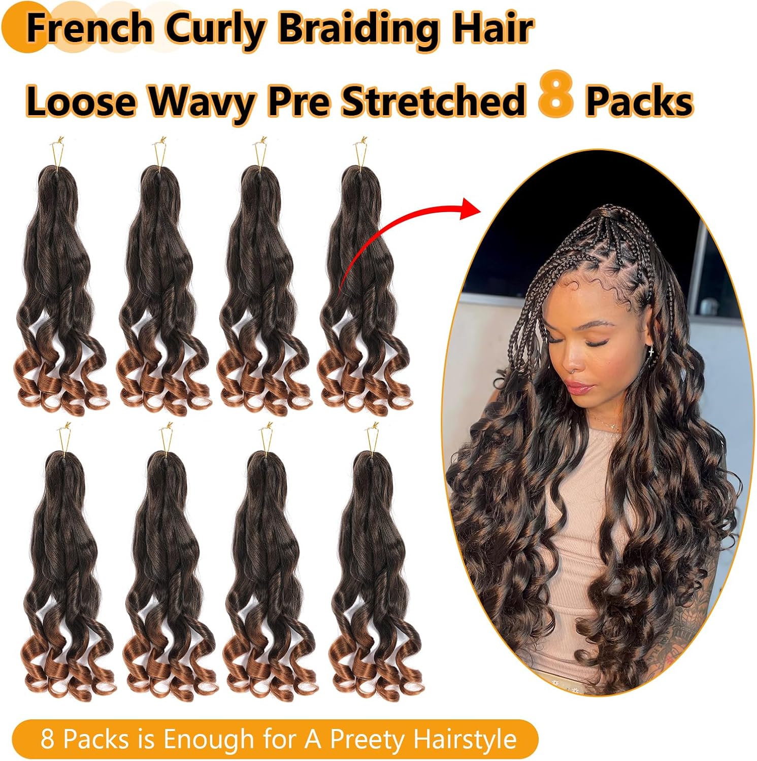 Meches Boucle Pour Tresses - French Curl - 41cm - 8 paquets, boucles loose wavy, couleur 1B/30