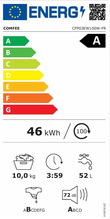 COMFEE' - lave-linge 10kg, classe A, vapeur, moteur BLDC, CFP03EW100W-FR
