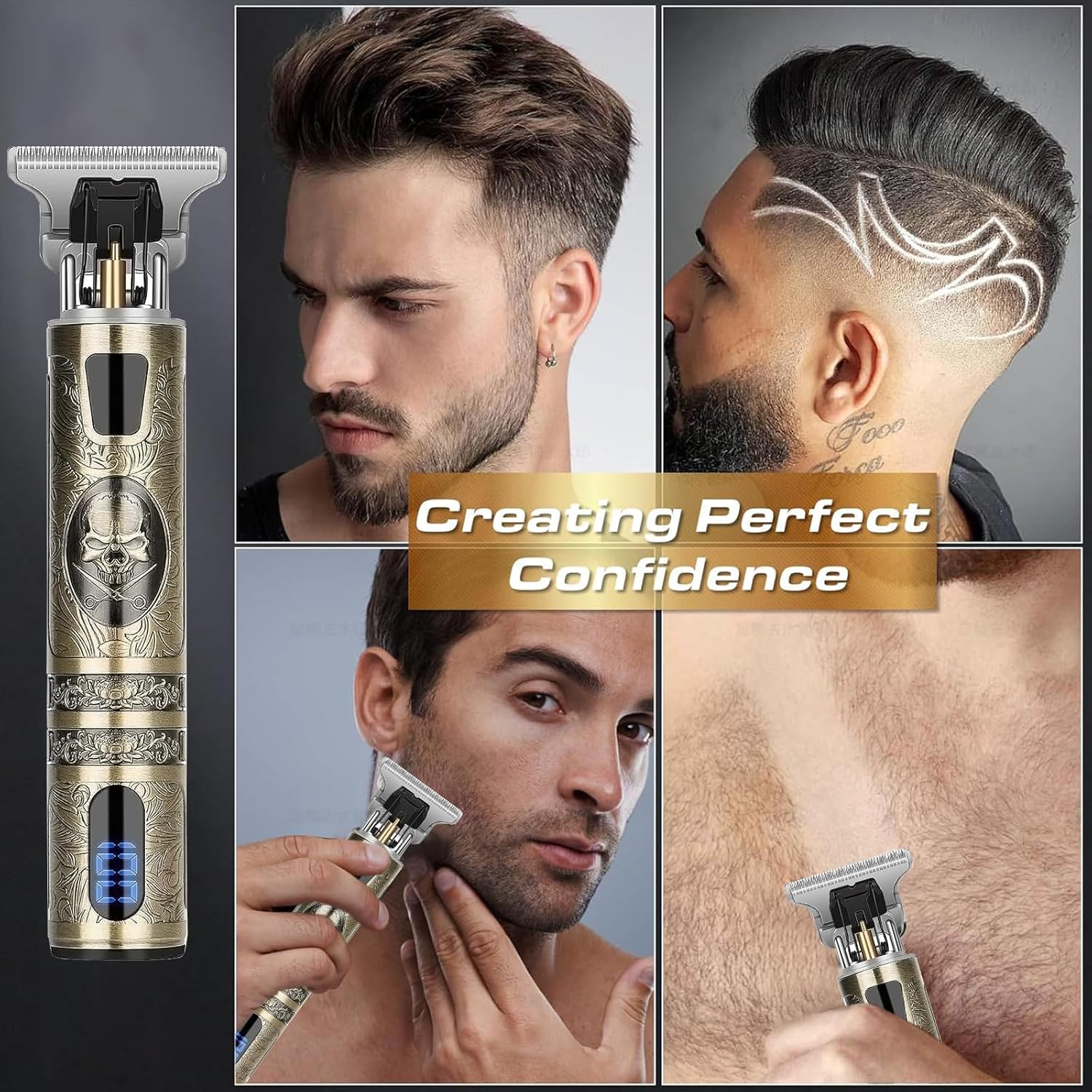 Tondeuse cheveux homme - squelette - 4 peignes, lame T, IPX7, USB