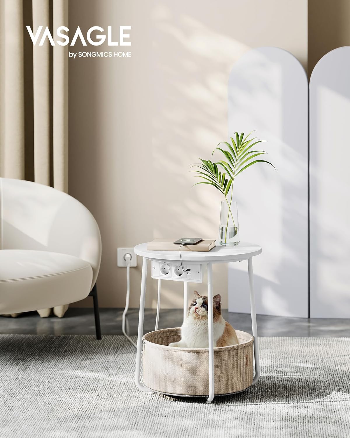 VASAGLE - Petite table basse ronde, panier tissu, multiprise, 40x40cm, style moderne, LET228W02