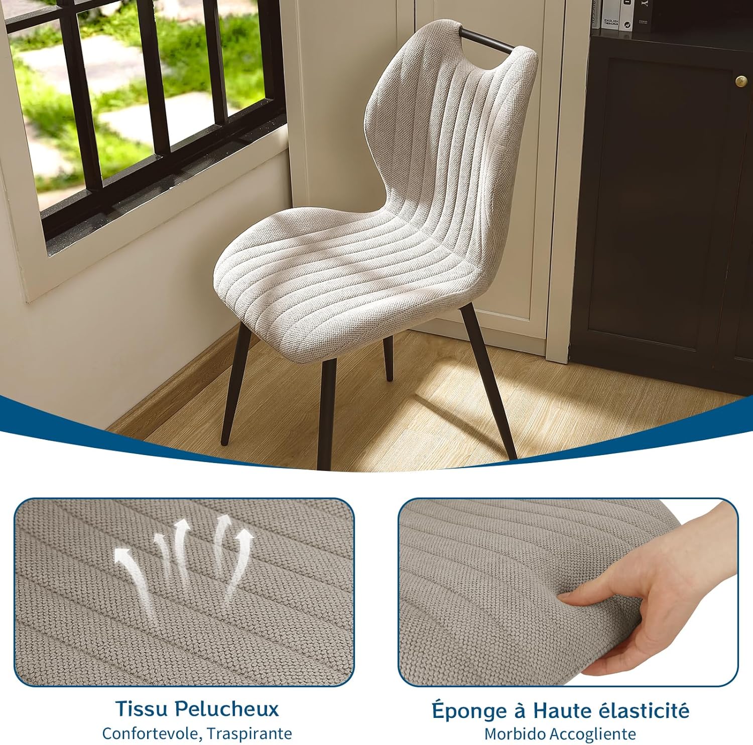 Lot de chaises salle à manger - tapissées tissu gris brun, pieds métal, set de 6, dossier confortable