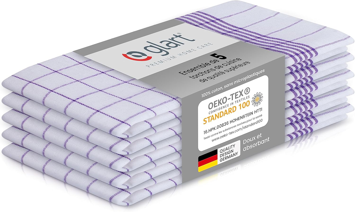 Glart - Set 5 torchons 50x70cm coton violet Oeko-TEX prélavé 48KV1