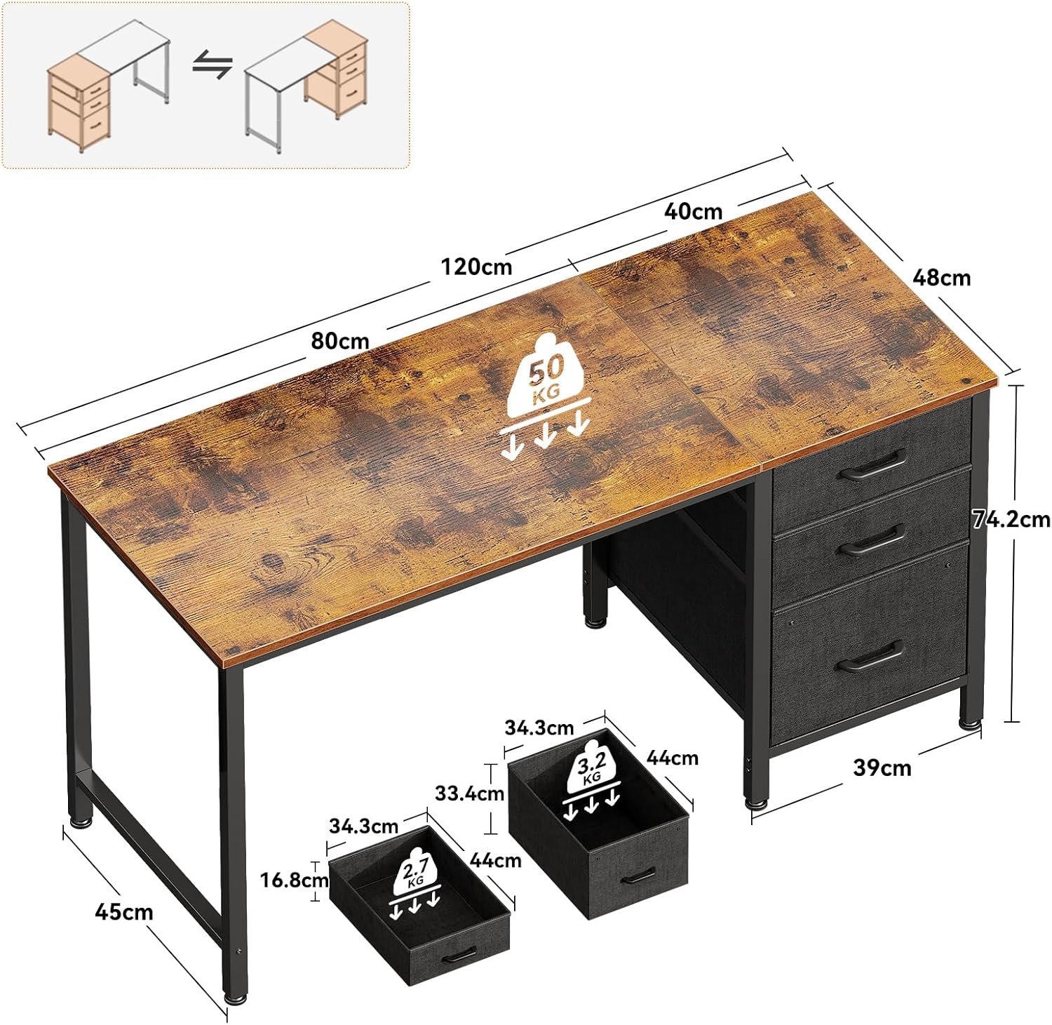 Coleshome - Bureau 3 tiroirs tissu - 120x48cm - réversible, porte-casque