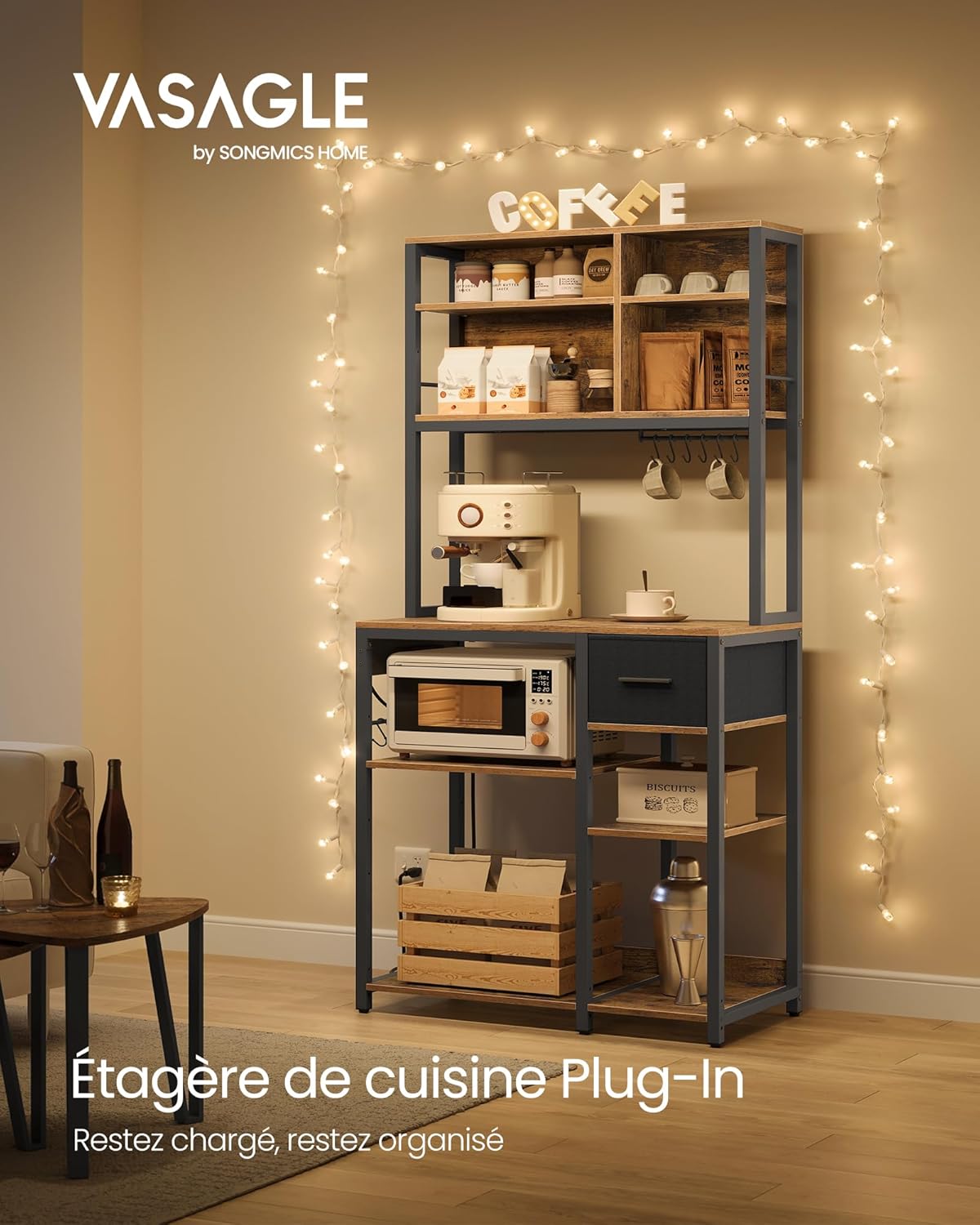 VASAGLE - étagère cuisine série KKS015K03 - 40x80x180 cm - multiprise, étagères réglables, tiroir tissu, 12 crochets