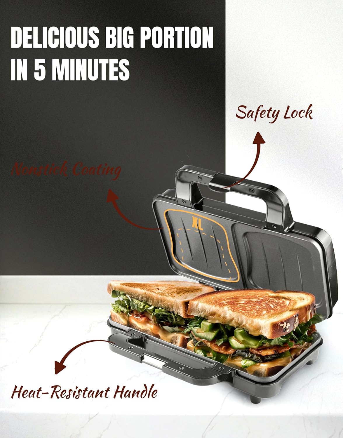 Bestron - appareil croque monsieur XL - noir - 2 sandwiches, température auto