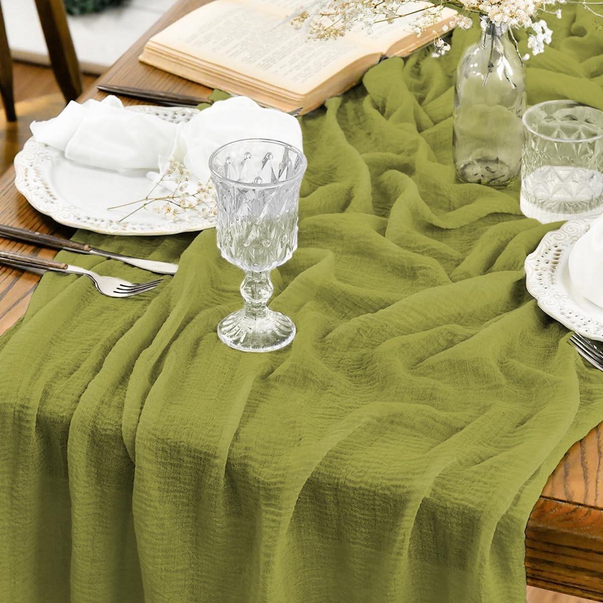 Artoid Mode - chemins de table bohême - 300 cm - gaze mousseline vert gazon, déco mariage/anniversaire
