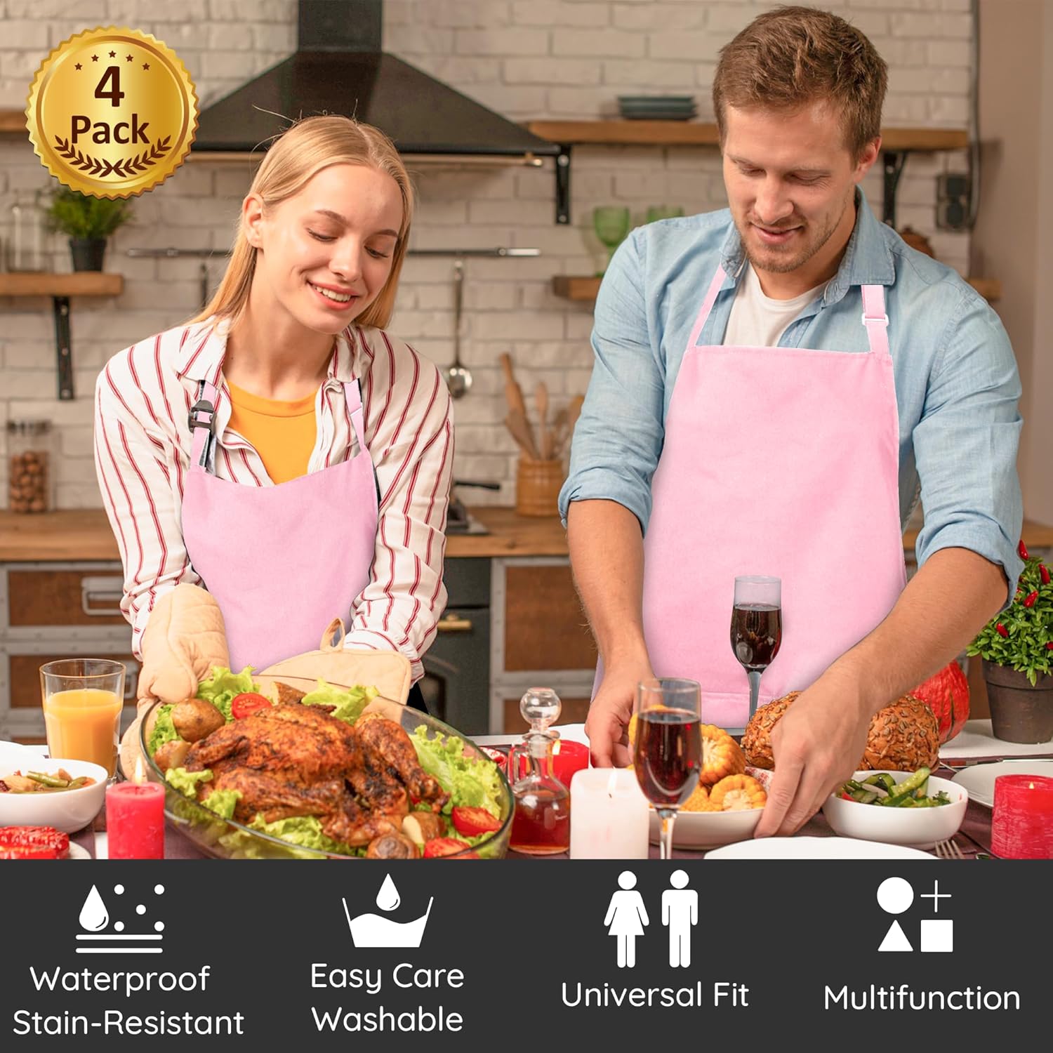 atopo - Tablier chef 4 pack - réglable, étanche, 2 poches - rose