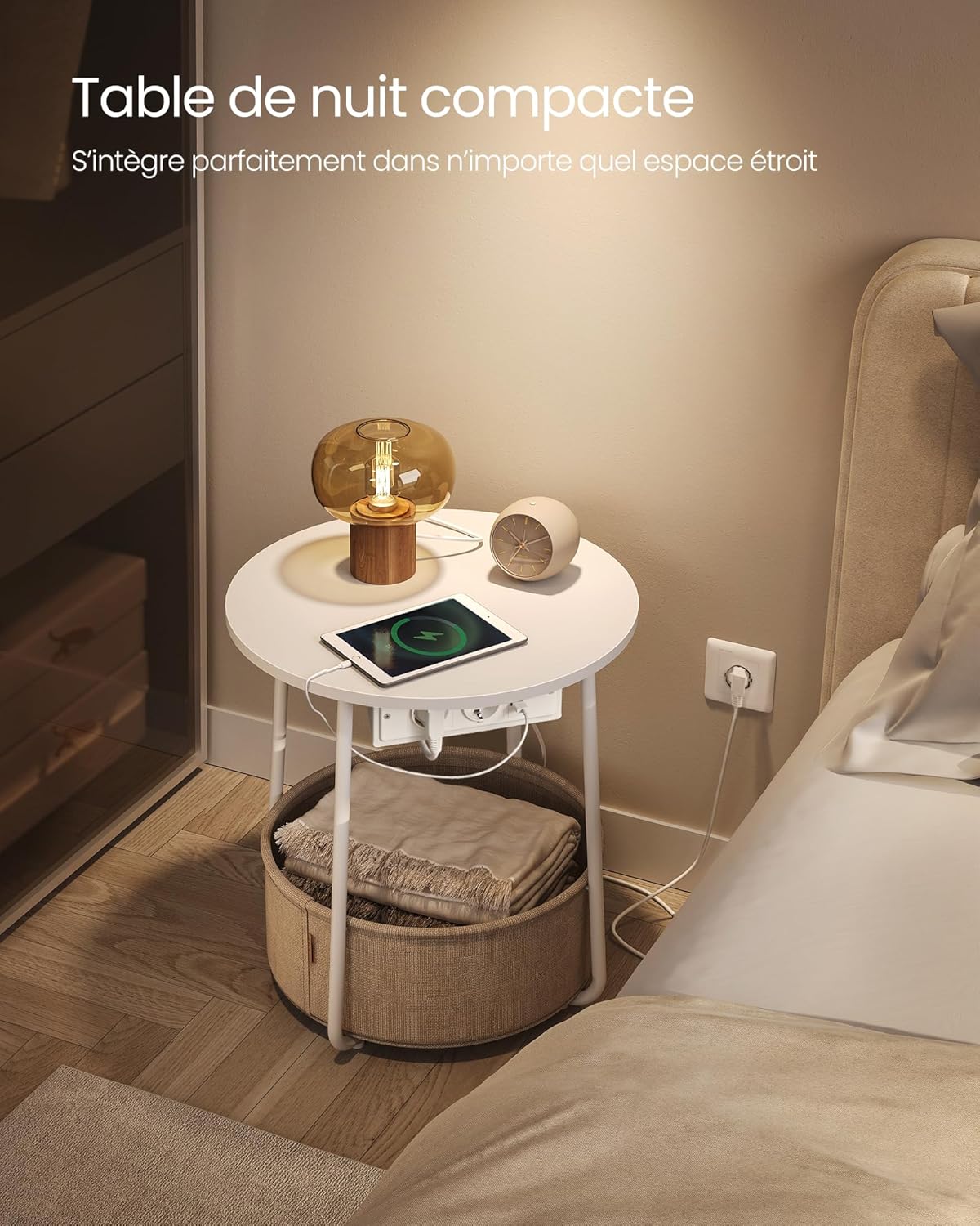 VASAGLE - Petite table basse ronde, panier tissu, multiprise, 40x40cm, style moderne, LET228W02