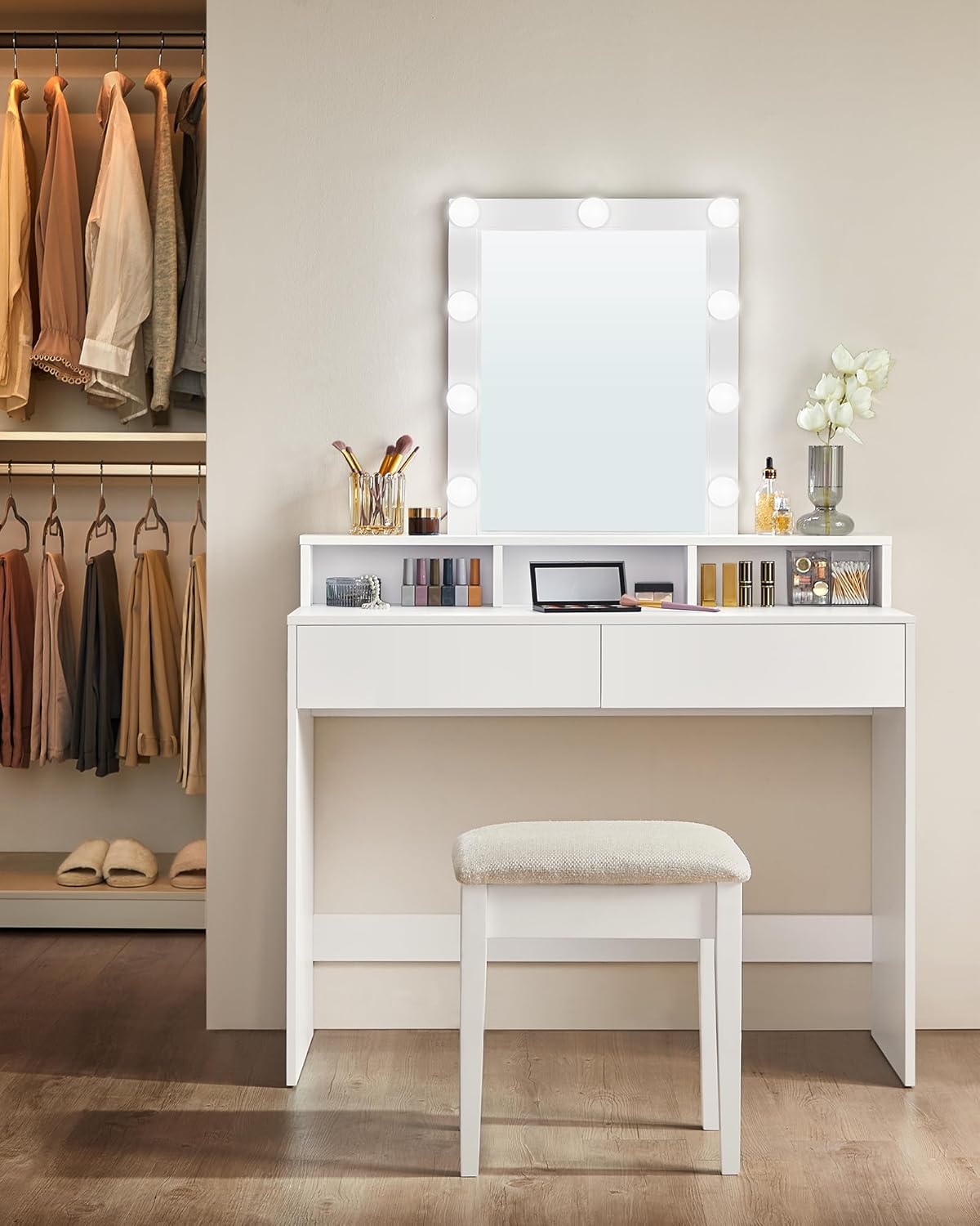 VASAGLE - KAILYN Collection - 100x40x145 cm - coiffeuse LED, 2 tiroirs, blanc RDT164W01