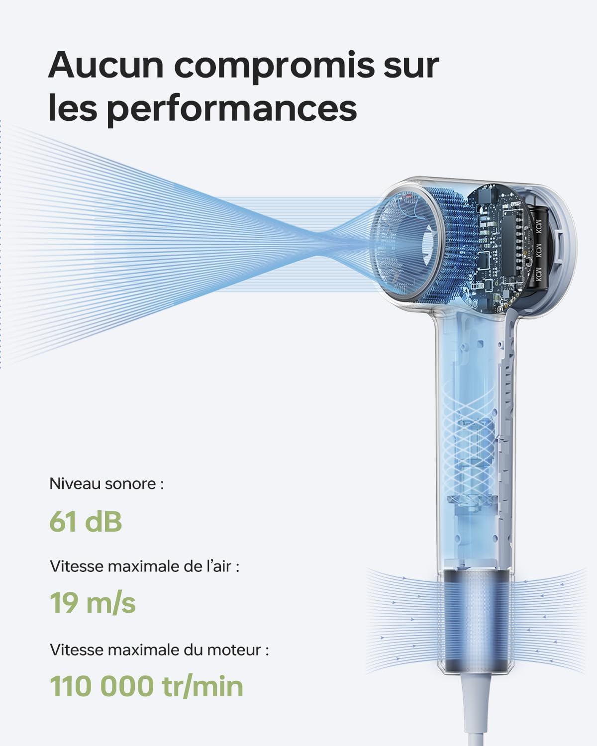 Laifen - Mini Sèche-cheveux bleu - 299g - ions négatifs, moteur brushless, séchage rapide, buse magnétique