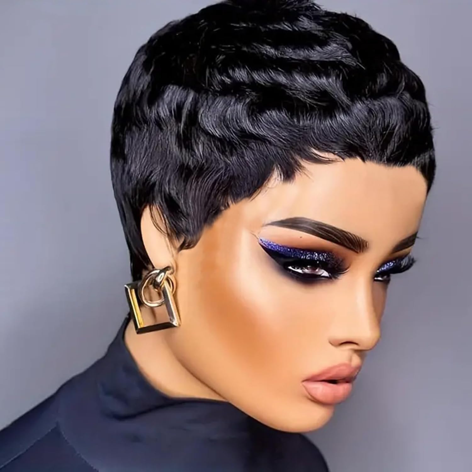Perruque Pixie - cheveux naturels courts, coupe droite, sans colle, frange, couleur 1B