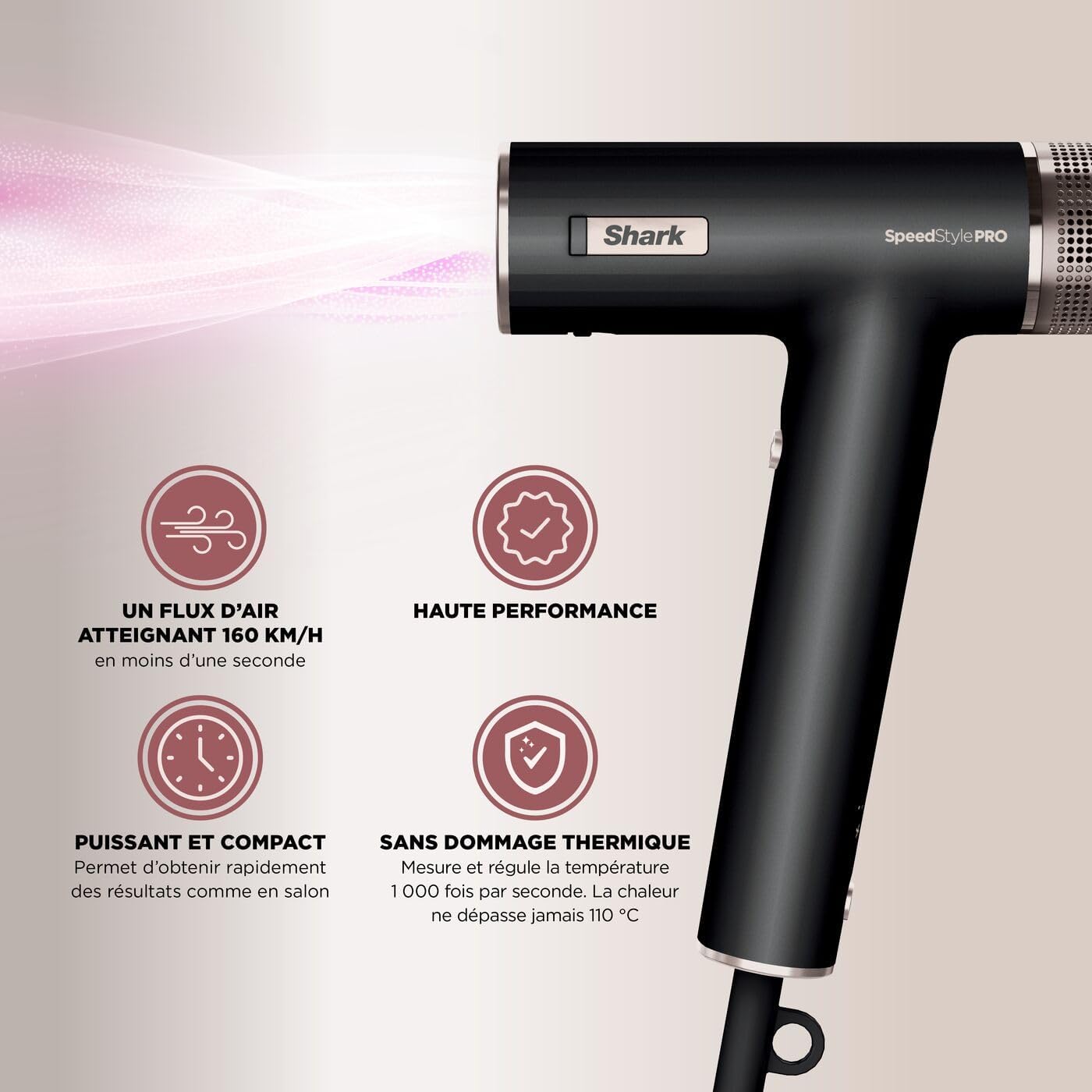 Shark - Sèche-cheveux SpeedStyle Pro, léger, ionique, 3 embouts, séchage rapide, protection thermique, HD731EU