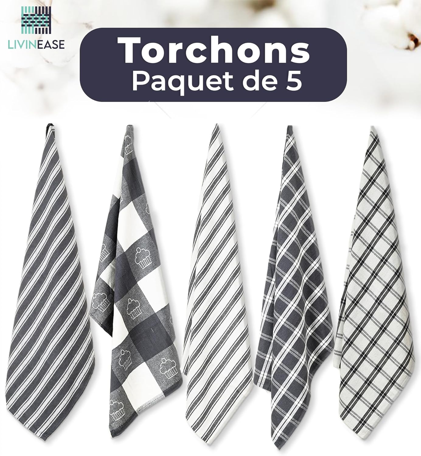LivinEase – Torchon cuisine lot de 5 – 60x40 cm – coton absorbant, gris